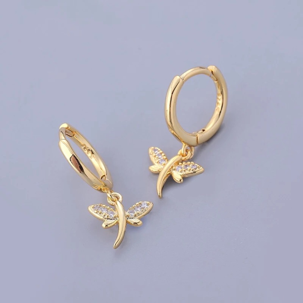 New 18K Gold Vermeil Sterling Silver 925 Dragonfly Hoops earrings set